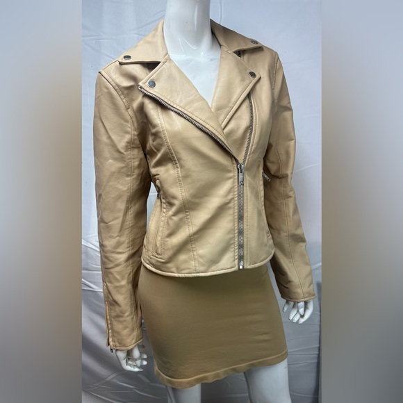 Abercrombie & Fitch Women's L Beige Zip Up Motorcycle Vegan Leather Moto Jacket - Picture 2 of 5